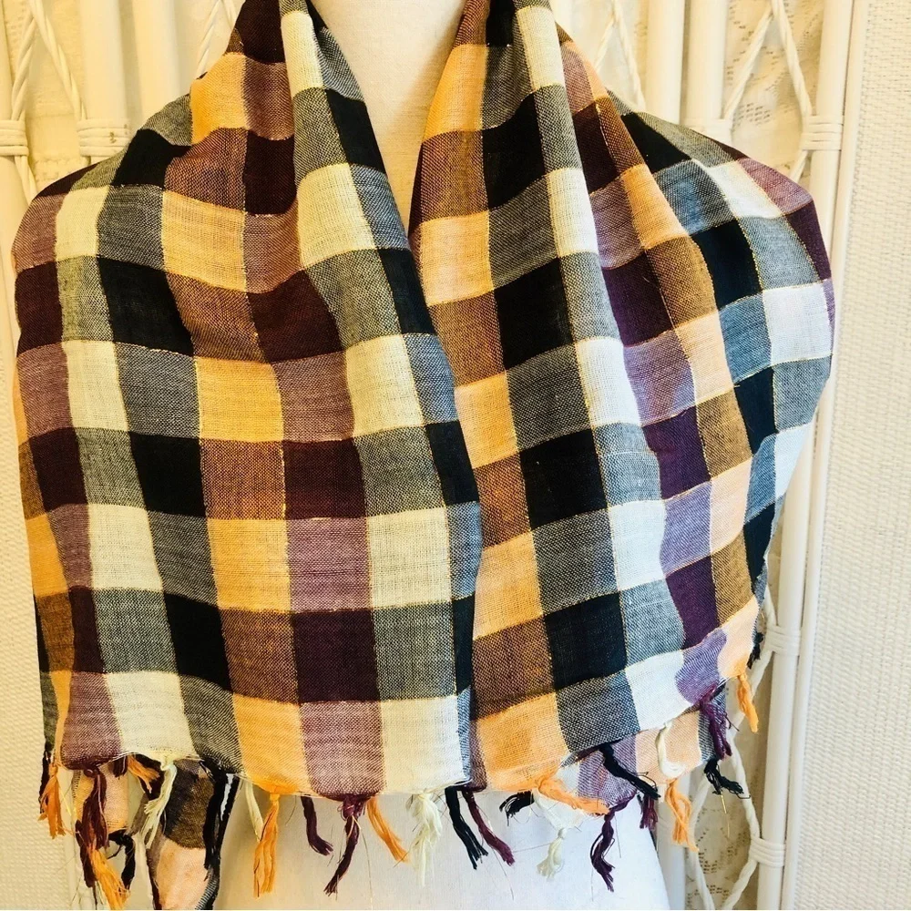 Forever 21 Scarf Buffalo Check Ivory Black Orange Metallic Thread Fringed